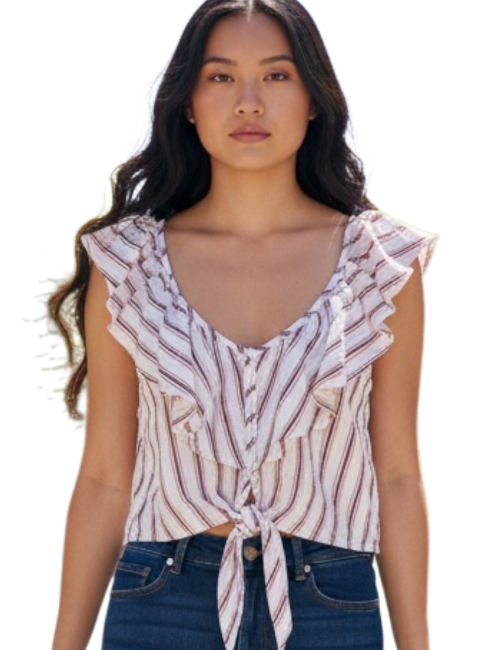 Ambiance White & Brown Striped Ruffle Tie-Front Camisole